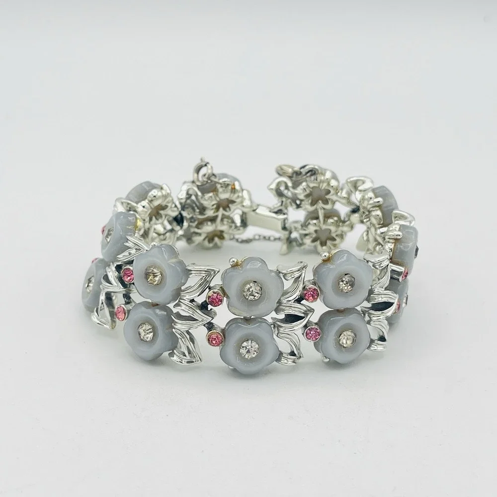 Vintage Star Bracelet Gray Blue Thermoset Pink Rhinestone Silver Moonglow Floral